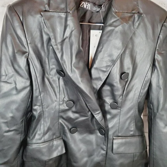 zara faux leather blazer size small black nwt - Picture 4 of 6